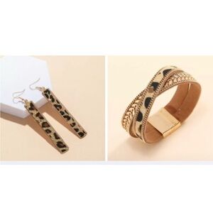 Boho Leopard Print Gold Jewelry Set, Magnetic clasp, pierced earrings.